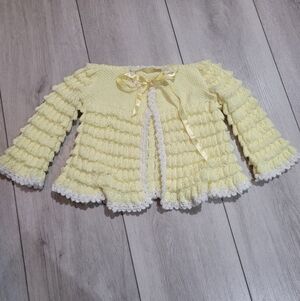 Hand Knit Vintage Scalloped Baby Bow Cardigan Yellow White Handmade Adorable